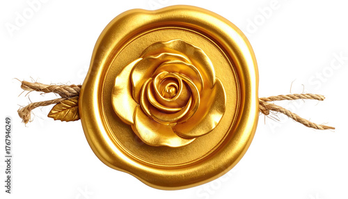 Golden wax seal with a rose in the center, tied with twine, on a black background