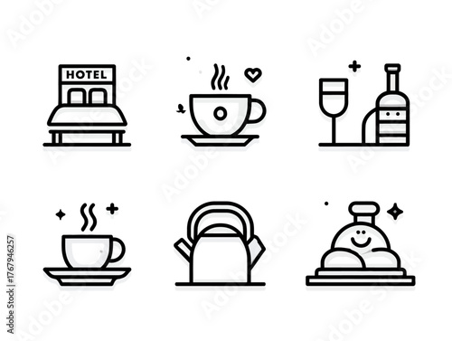 Minimalist Vector Icon Set Featuring Hotel Coffee Tea and Breakfast Elements in Modern Line Style