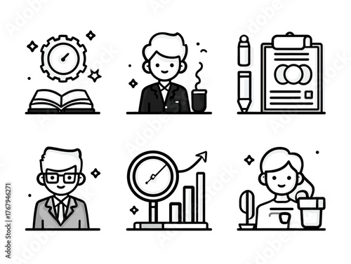 Minimalist Vector Icon Set Featuring Business and Productivity Symbols in Monochrome Style
