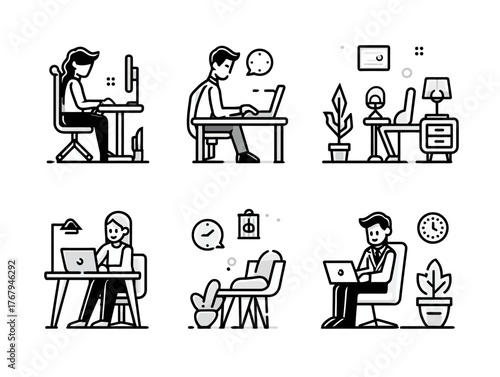 Vector Illustration of People Working at Desks in Minimalist Line Art Style with Office and Home Workspace Elements