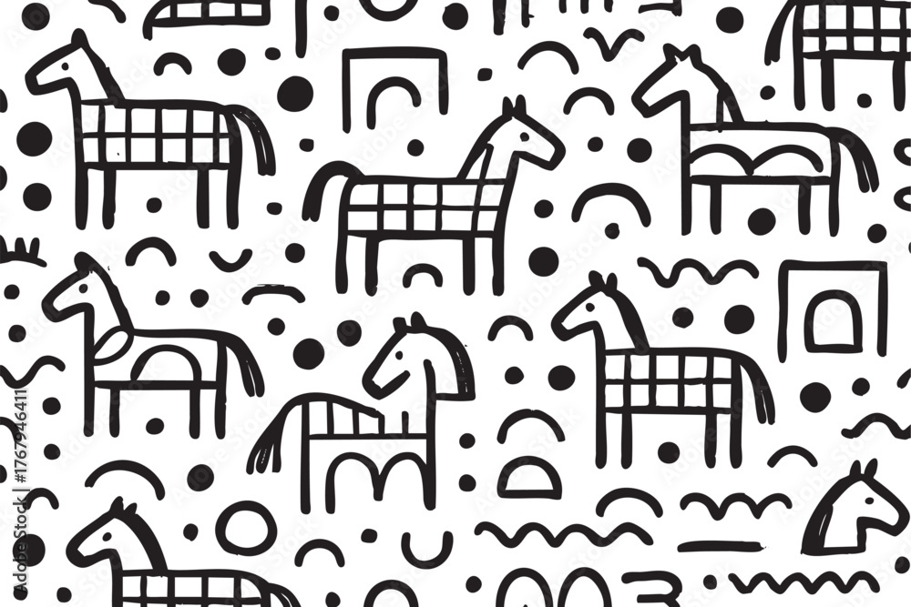 Fototapeta premium Black outline drawings of stylized horses, dots, and abstract shapes on a white background, forming a seamless pattern with a whimsical, minimalistic design.