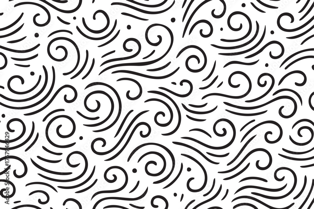 Fototapeta premium Black swirling line pattern with repetitive curved and wavy designs, creating a seamless abstract background.