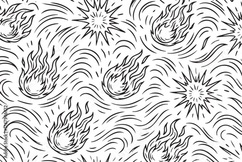 Black and white seamless pattern of hand-drawn fireballs and explosive bursts with dynamic swirling motion lines.