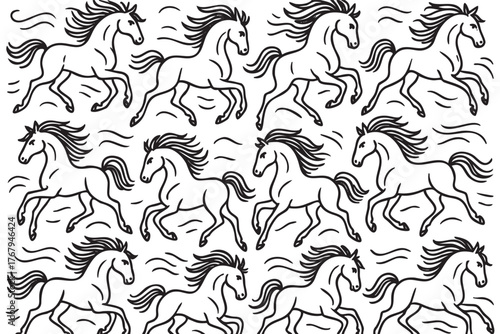 Black outline vector pattern of galloping horses shown in dynamic poses, emphasizing motion and speed.