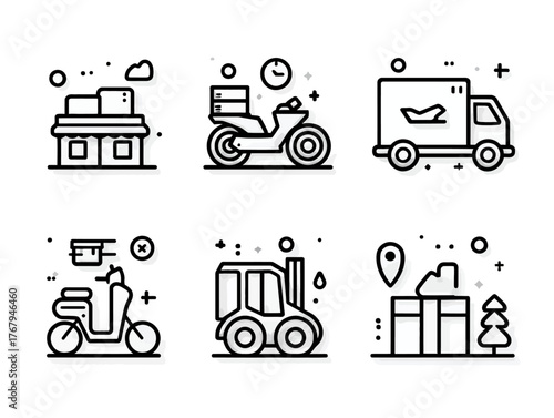Vector Icon Set of Delivery and Transportation Symbols in Minimalist Line Art Style with Black White Colors