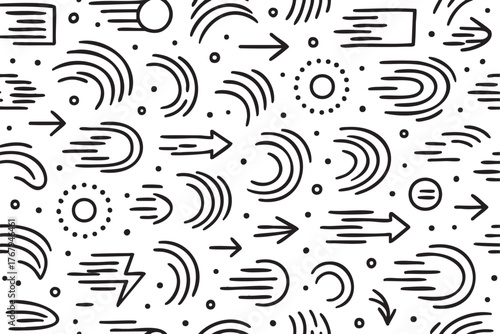 Black outline vector pattern of dynamic and abstract speed lines, arrows, and circles on a white background, conveying motion and energy.
