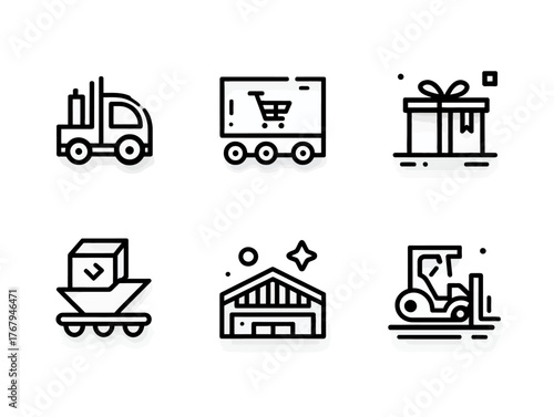 Vector Icon Set for Logistics and Warehouse Management in Modern Minimalist Style with Black Line Art