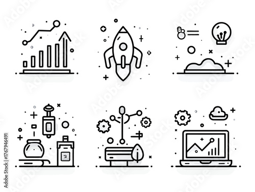 Vector Icon Set of Business and Technology Themes in Minimalist Line Style with Black and White Color Scheme