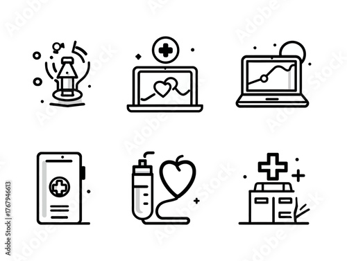 Minimalist Medical Healthcare Vector Icon Set Featuring Syringe Heart Monitor and Clinic Symbols
