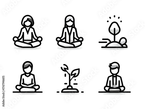 Minimalist Vector Illustration Set of People Meditation and Nature Elements in Modern Style for Wellness and Eco Branding