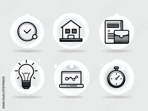 Vector Icon Set of Business and Technology Symbols in Modern Minimalist Style with Black White Colors