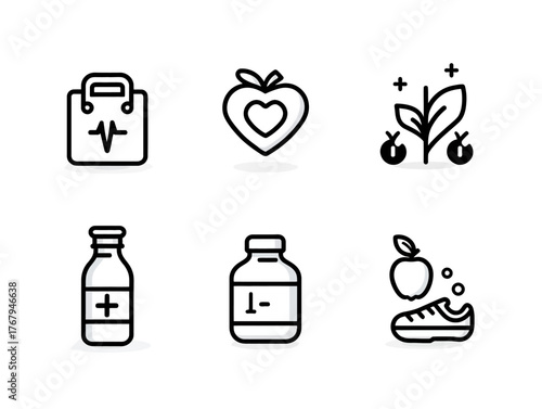 Vector Icon Set of Healthcare and Wellness Symbols in Minimalist Line Style with Black and White Color Scheme