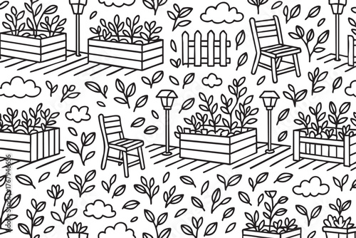Black outline vector pattern featuring garden chairs, planters with foliage, lamp posts, and decorative clouds and leaves, creating a harmonious outdoor theme.