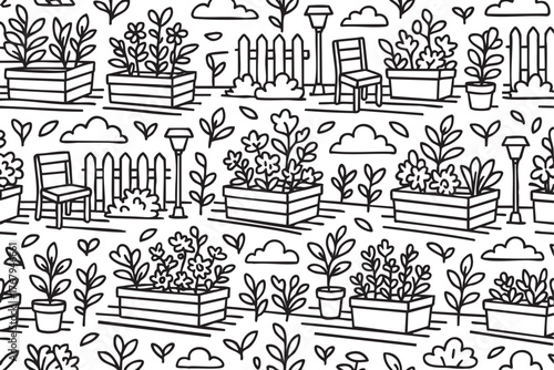 Black outline pattern of a garden scene featuring flower boxes, potted plants, chairs, and clouds, conveying a tranquil and organized outdoor setting.