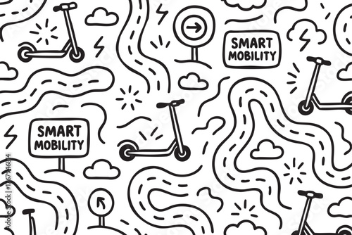 Black and white seamless pattern of electric scooters, roads, and smart mobility signs for modern transportation concepts.
