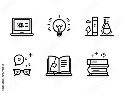 Minimalist Vector Icon Set Featuring Scientific and Educational Elements in Modern Style with Monochrome Color Scheme