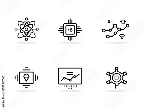 Vector Icon Set of Technology and Data Symbols in Modern Minimalist Style with Black Line Art