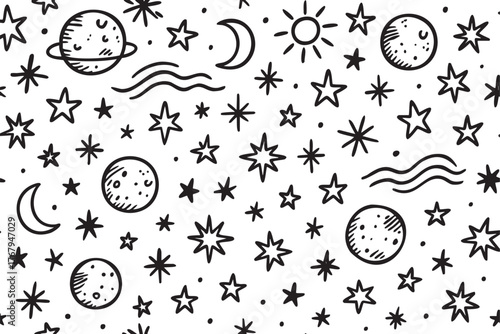 Black and white seamless pattern of celestial elements, including stars, suns, moons, and planets with craters in a whimsical doodle style.