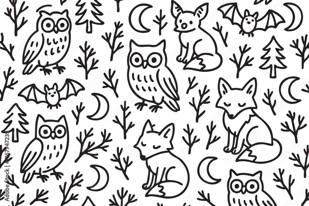 Fototapeta premium Black and white seamless pattern featuring cute woodland animals, including owls, foxes, and bats, surrounded by trees and crescent moons.