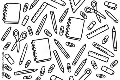 Black outline vector pattern of school supplies including notebooks, pencils, scissors, rulers, paperclips, and erasers arranged randomly.