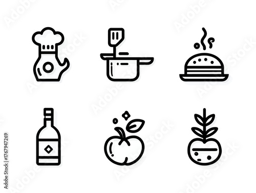 Minimalist Vector Food and Cooking Icons Set with Simple Line Style in Black