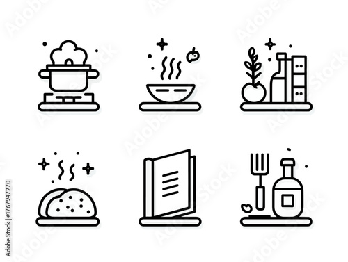 Minimalist Vector Icon Set for Food and Cooking with Simple Line Art Style in Black and White