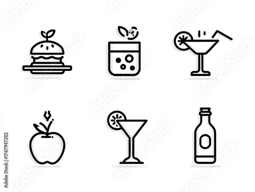 Minimalist Vector Cocktail and Food Icons Collection in Black Line Style