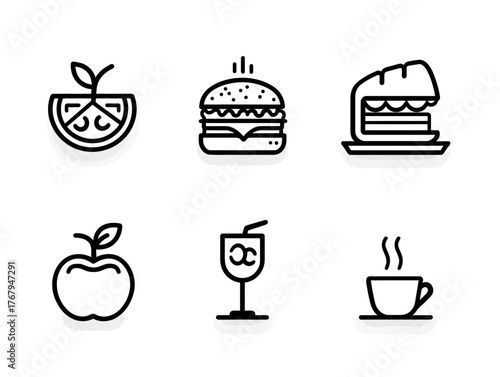 Minimalist Vector Food Icons Collection with Fruit Drink and Dessert Elements in Modern Line Style