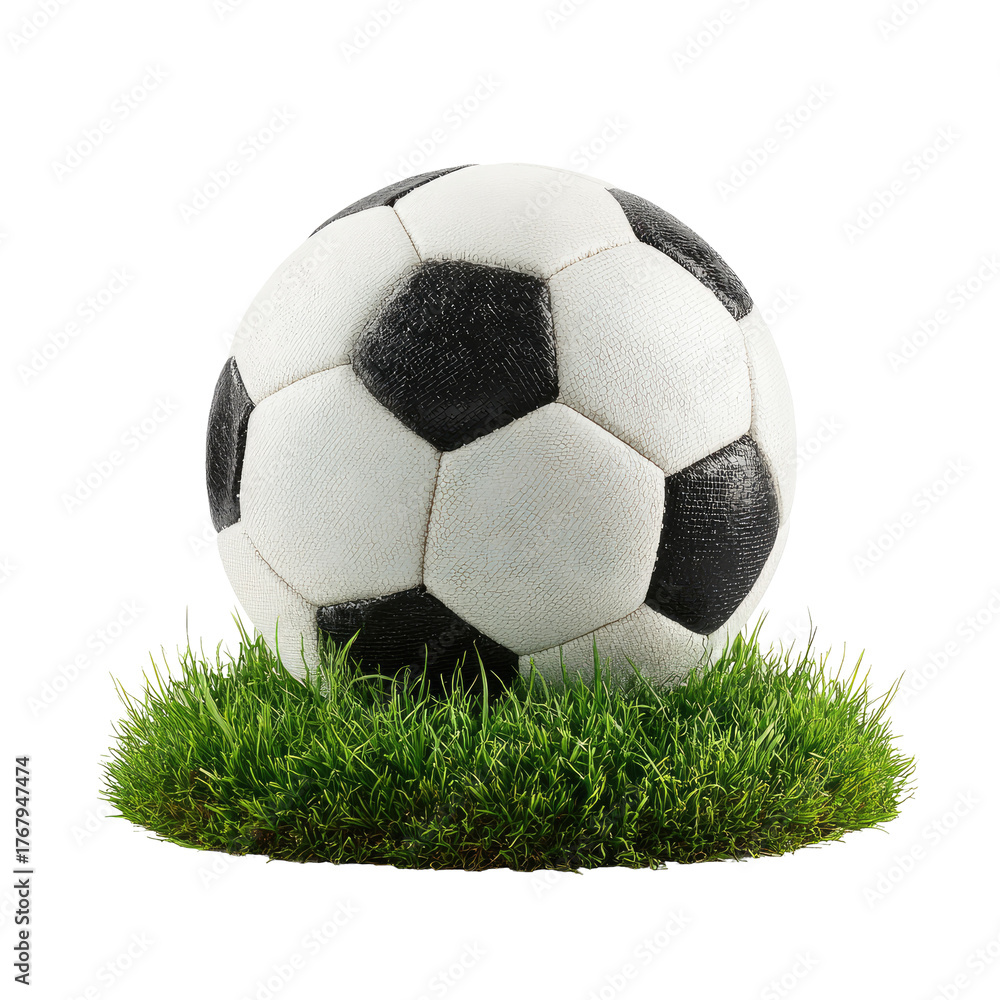 Obraz premium Soccer ball rests on lush green grass against a black background, simple and clean presentation