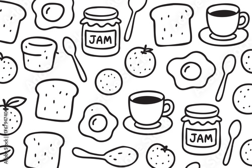 Black and white seamless pattern featuring breakfast items such as jam jars, slices of toast, fried eggs, cups of coffee, and fruit.