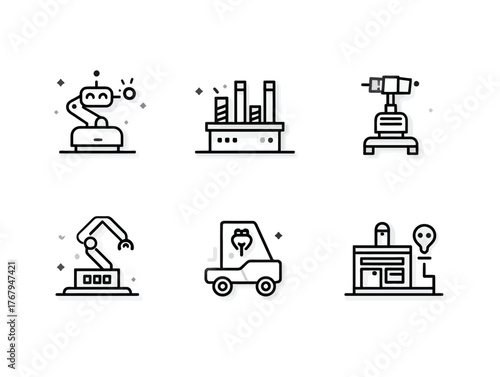 Vector Icon Set of Science and Technology Elements in Minimalist Style with Black and White Color Scheme
