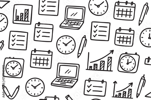 Hand-drawn doodle pattern featuring clocks, laptops, checklists, and charts, representing various aspects of time management and office tasks.