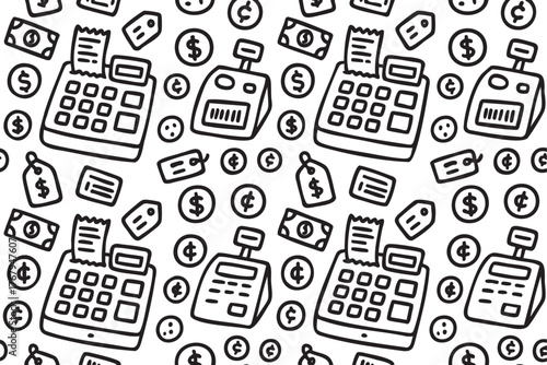 Seamless pattern of black outline cash registers, currency symbols, price tags, and dollar bills on a white background.