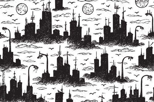 Black sketch of a futuristic cityscape with tall buildings, antennas, and lampposts, set against a backdrop of clouds and planets.