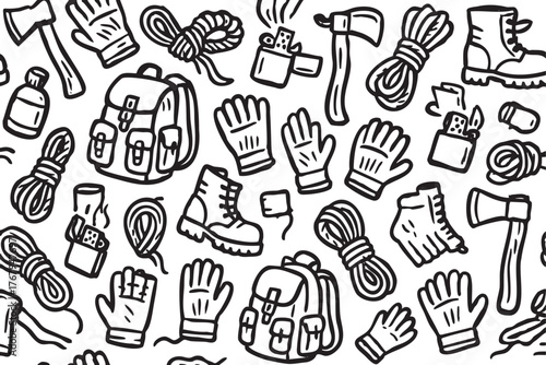 Black and white seamless pattern featuring camping equipment including backpacks, ropes, gloves, boots, axes, and bottles.
