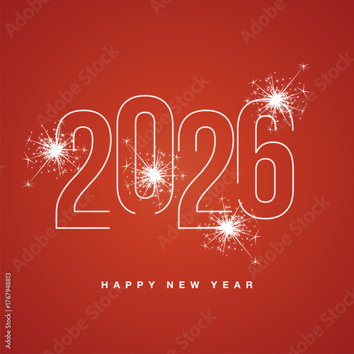 Happy New Year 2026 line neon light white shining typography with sparkle firework on red color isolated background icon logo