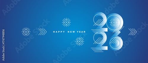 New Year 2026. Beautiful style modern design numbers in square compact composition with christmas winter elements drawn in line shapes blue color greeting card