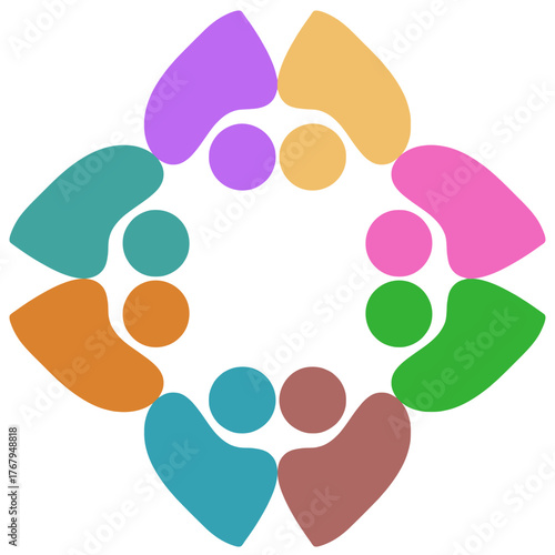 Dynamic community logo promoting partnership and teamwork, vibrant team celebrating diversity, unity, and collaboration for social impact and global connection