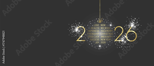 We wish you Merry Christmas and Happy New Year 2026 shining christmas ball word cloud with sparkle firework golden black greeting card vector
