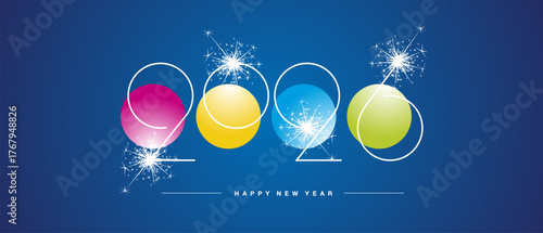 New Year 2026. Beautiful style modern line thin design numbers with colorful circle dot elements drawn on blue background