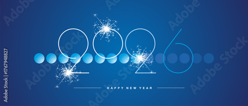 New Year 2026. Beautiful style modern line thin design numbers with sparkle fireworks and light blue circle dot elements loading year bar drawn on blue background
