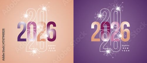 Happy New Year 2026 line and bold light trendy colors shining typography typography crossover with with sparkle firework on 2026 color isolated background icon logo
