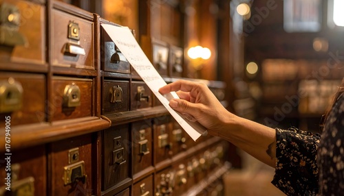 Woman searching in a library card catalog