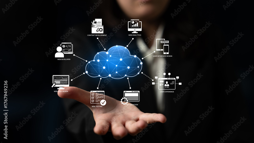 Obraz premium Cloud computing, cloud strategy, and cloud technology transforming digital infrastructure with scalable services, secure data storage, and cloud-based digital business solutions. Spline