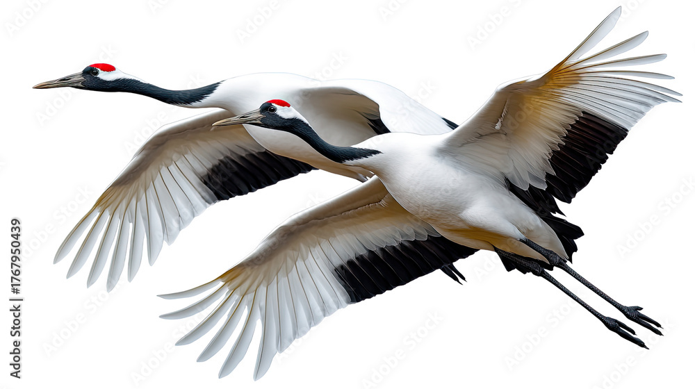 Fototapeta premium Soaring Cranes: Two graceful cranes, their wings spread wide against a bright backdrop, symbolizing freedom, elegance, and the art of flight. The birds are captured in mid-air.