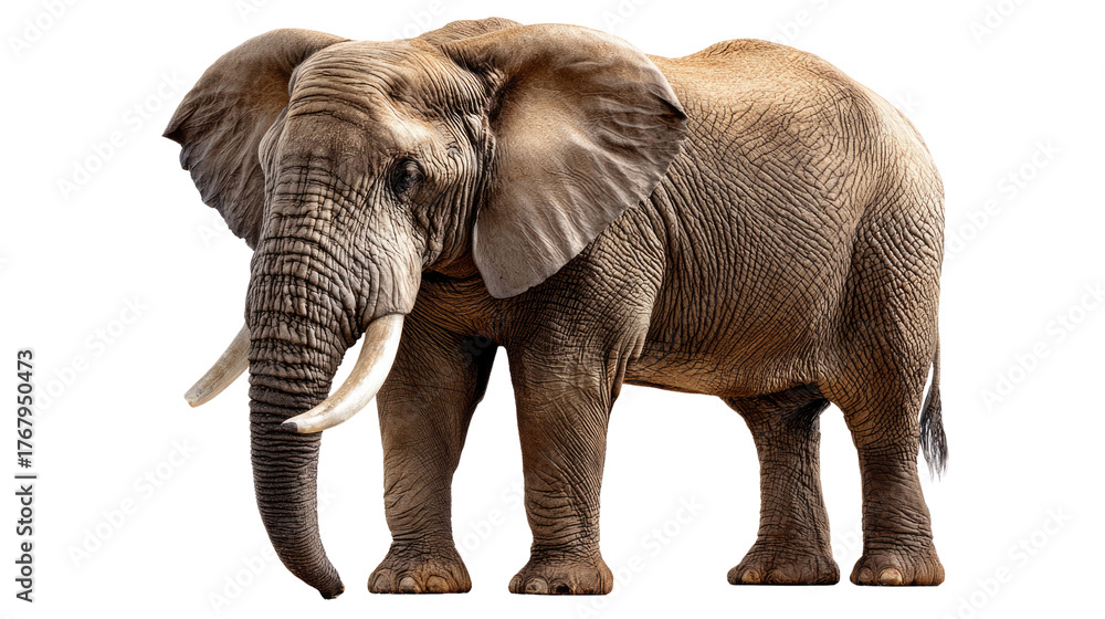 Fototapeta premium Majestic Elephant: A solitary elephant with imposing tusks stands in its full glory, its weathered hide narrating tales of the wild and embodying the essence of nature's majesty.
