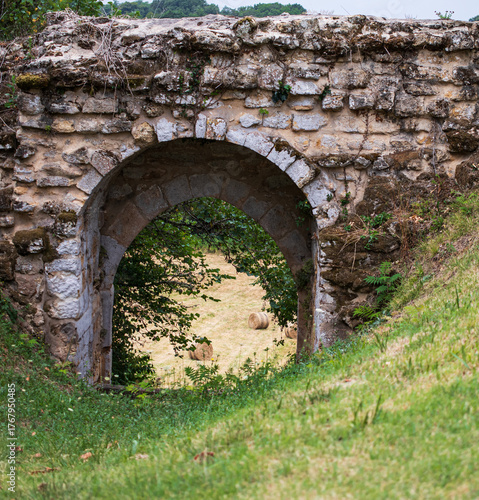 Old stone arch with wheat field in background