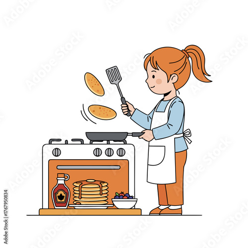 Girl Cooking Pancakes Flat Vector Illustration