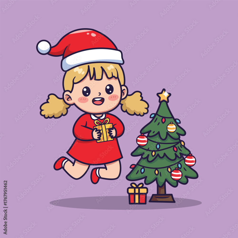 Fototapeta premium Cute Cartoon Girl in Santa Outfit Jumping Near Christmas Tree . Vector Illustration of Whimsical Holiday Joy
