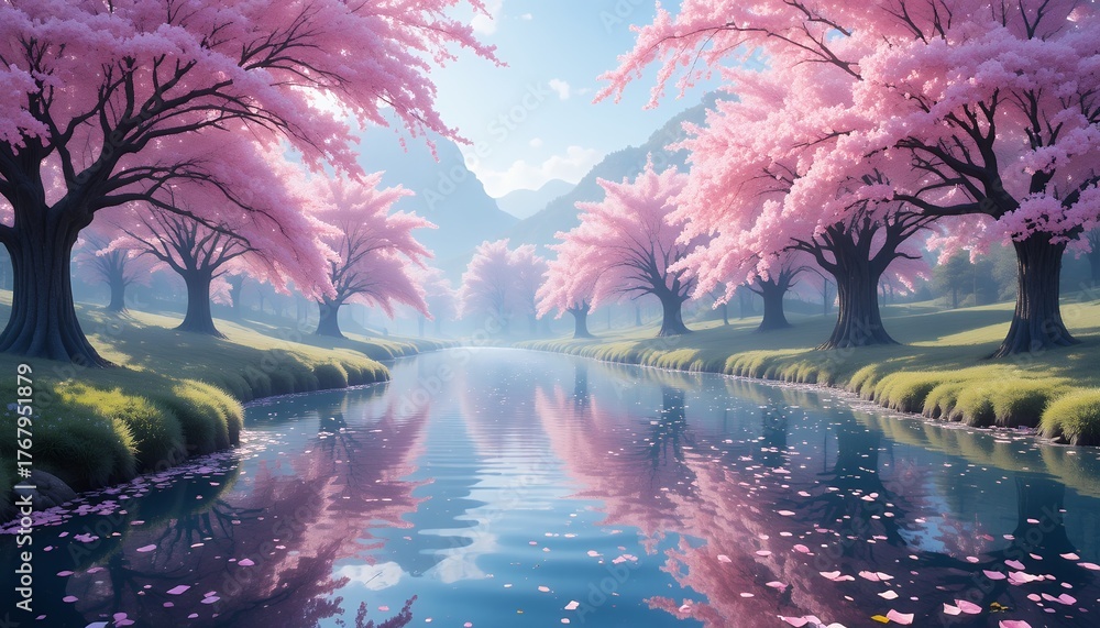 Fototapeta premium Serene landscape with blooming pink cherry trees along a reflective river during a misty morning